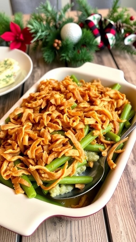A delicious green bean casserole topped with crispy onions, served in a baking dish on a rustic table.
